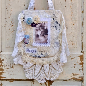 Shabby Chic Boho Doily HandBag. Made With Venice Lace With A Victorian Girl Appilique Surround By Lace Accents And Handmade Ribbon Flowers.