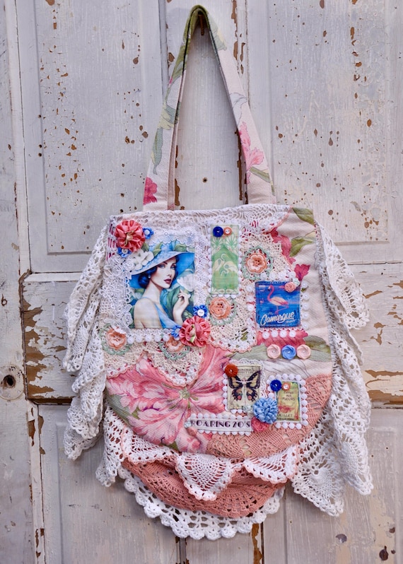 Shabby Chic Art Deco Handbag: Pink Floral Barkcloth & Crochet Lace