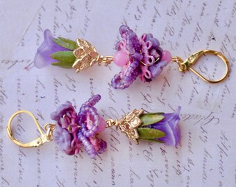 Art Nouveau Purple Trumpet Flower Drop/Dangle Earrings With Hand Beaded Purple Petals Topped off With Basket full Of Vintage Purple Flowers