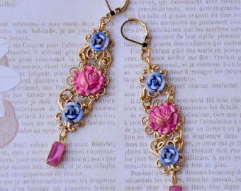 Hand Painted Flower Drop Earrings: Shabby Chic Art Nouveau