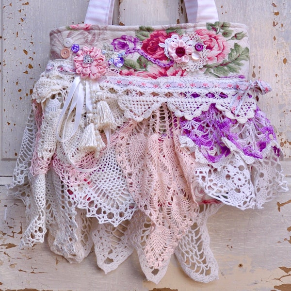 Shabby Chic/Boho Handbag/Purse. Made with Floral Upholstery Fabric. Layered With White, Pink, And Purple Doilies. With e Pink Ribbon Flowers