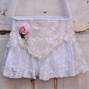 Shabby Chic White Shoulder Bag. Made With Antique Embroidered White Lace. And Antique Beige Embroidered Tulle Lace. With Antique White lace.