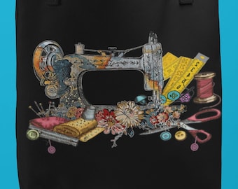 May include: Black tote bag with a colorful illustration of a vintage sewing machine, fabric scraps, buttons, and other sewing supplies.