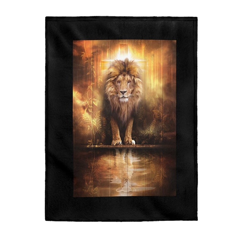 May include: A golden lion stands in a pool of water, with a cross behind it. The background is a wooden wall with a sunset glow.