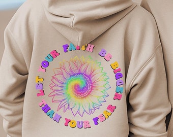 Lebhafte Sonnenblumengrafik und Regenbogenbuchstaben auf gemütlichem Kapuzenpullover