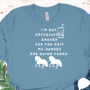 Peut inclure: Un t-shirt bleu clair avec le texte "I'M NOT CAFFEINATED ENOUGH FOR THE SHIT MY HORSES ARE DOING TODAY" et deux silhouettes de chevaux blancs. Le t-shirt est associé à un jean bleu et des baskets à semelles blanches.
