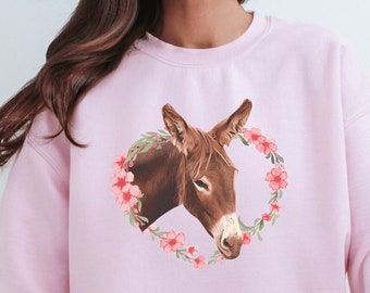 Felpa con motivo floreale a forma di asino, adorabile girocollo per gli amanti degli animali
