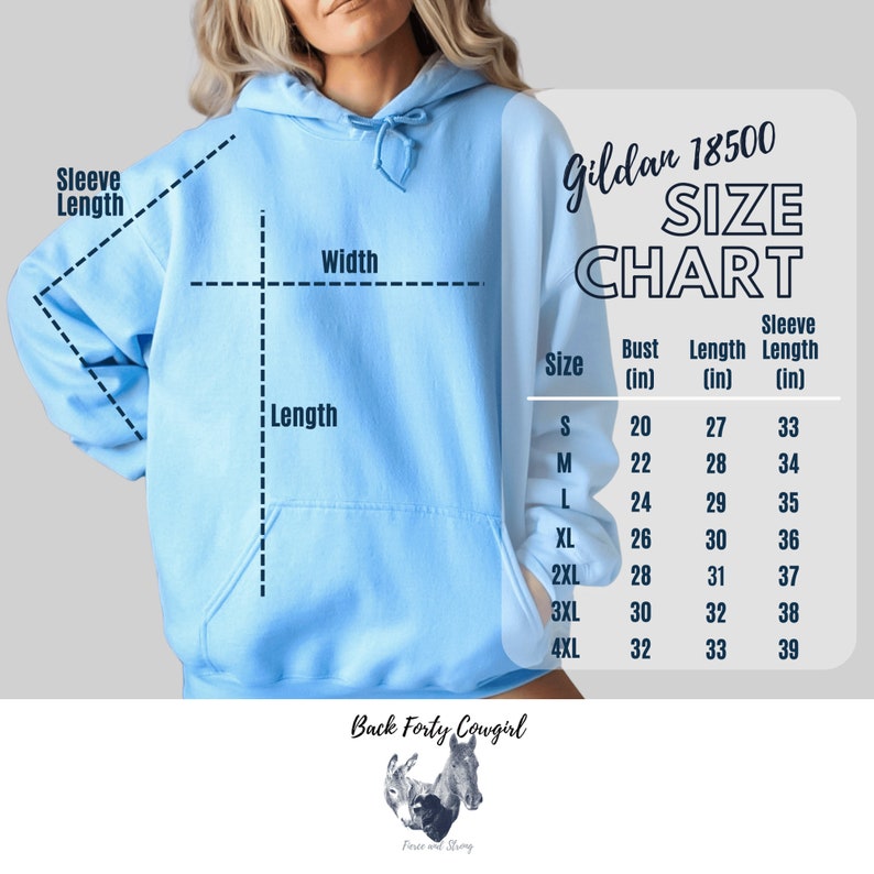 May include: A size chart for Gildan 18500 hoodies, showing measurements in inches for bust, length, and sleeve length. The chart includes sizes S through 4XL.