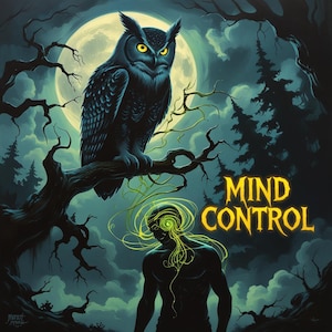 May include: Digital art print featuring a large owl perched on a tree branch under a full moon. The artwork includes the words "MIND CONTROL" in yellow, with a figure below the owl.