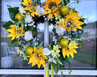 Autumn Artificial Flower Wreath for front door. Sunflowers Daisies Apples