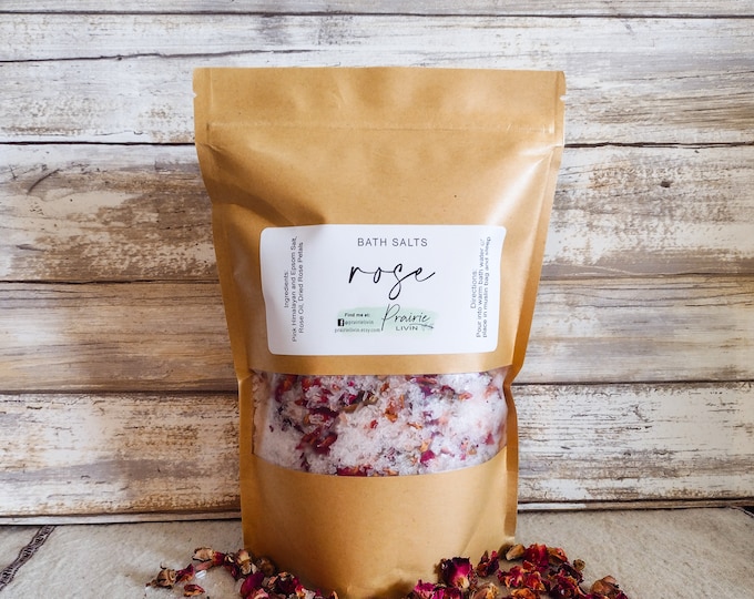 Rose Bath Salts, Natural Bath Salts, Aromatherapy Bath Soak, Spa Gift,   Gift for Bridesmaid, Gift for Mother's Day, Valentine's Day Gift