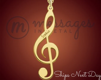 Custom Music Notes Gold Plated With Name, Music Note Name Pendant, Treble Clef Music Jewelry, Gold Music Notes Necklace