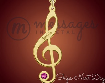 Custom Music Notes Gold Plated With Name Birthstone, Music Note Name Pendant, Treble Clef Music Jewelry, Gold Music Notes Necklace