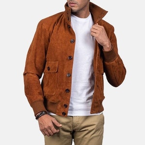 Bagywagy Adamsville Men's Suede Brown Leather Bomber Jacket - Brown - 6XL - Suede Leather