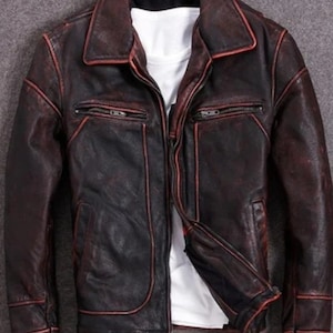 Men's Handmade Motorcycle Biker Style Cafe Racer Distressed Red Real Leather Jacket | Men Customize Burgundy Red Biker Leather Jacket