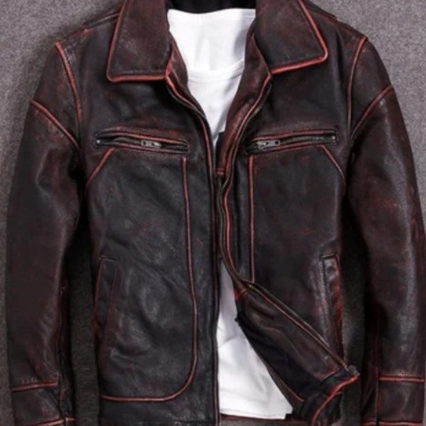 Chaqueta Cafe Racer de cuero rojo desgastado para hombre / Estilo motero hecho a mano