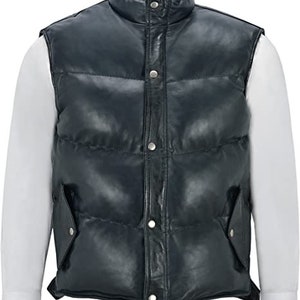 Navy Blue Puffer Leather Vest Leather Waistcoat