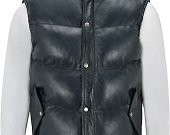 Navy Blue Puffer Leather Vest Leather Waistcoat