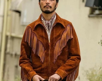 Men's Brown Suede Leather Western Cowboy Fringe Jacket