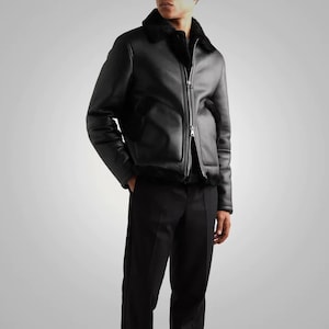 Herren Shearling Gefüttertes Leder Schwarz Trucker Jacke