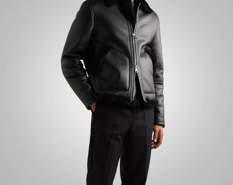 Mens Shearling Lined Leather Black Trucker Jacket