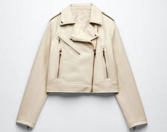 Gebroken witte dames schapenvacht motorfiets leren bikerjack