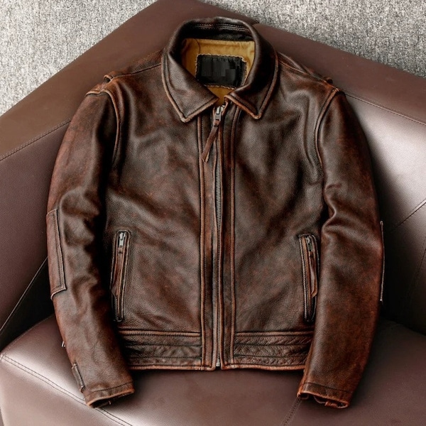 Men's Handmade Motorcycle Biker Style Cafe Racer Distressed Brown Real Leather Jacket | Men Customize Brown Biker Leather Jacket