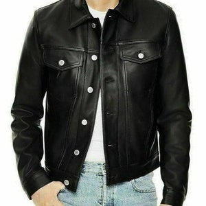 Mens Black Leather Shirt, Men's Black Leather Jacket, Men's Police style Leather Jacket, Retro style jacket