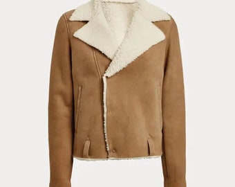 Women’s Beige Cropped Shearling Leather Jacket