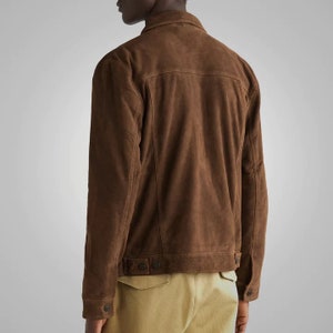 Mens Brown Suede Leather Iconic Trucker Jacket image 3