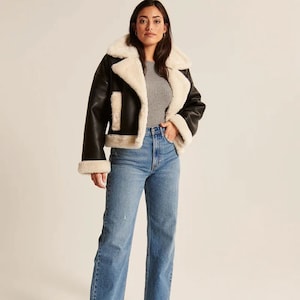 Women RAF B3 Hooded Leather-trimmed Sheepskin Shearling Bomber Leather Jacket