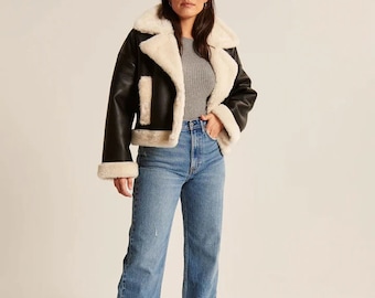 Women RAF B3 Hooded Leather-trimmed Sheepskin Shearling Bomber Leather Jacket