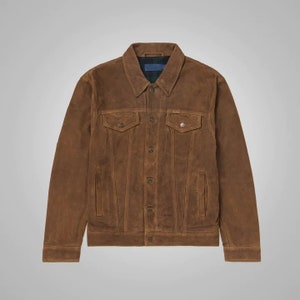 Mens Brown Suede Leather Iconic Trucker Jacket image 1