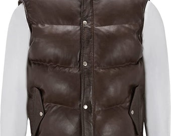 Chocolate Brown Puffer Leather Vest Leather Waistcoat