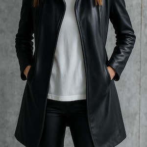 Puede incluir: Un abrigo largo de cuero negro con un diseño entallado. El abrigo tiene un cuello con solapas, mangas largas y bolsillos. La persona lleva una camiseta blanca y pantalones negros.