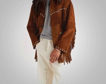 Men's Brown Suede Leather Cowboy Jacket with Fringes