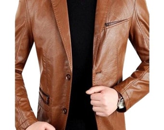 Men's Sheepskin Leather Blazer, Button Front Coat