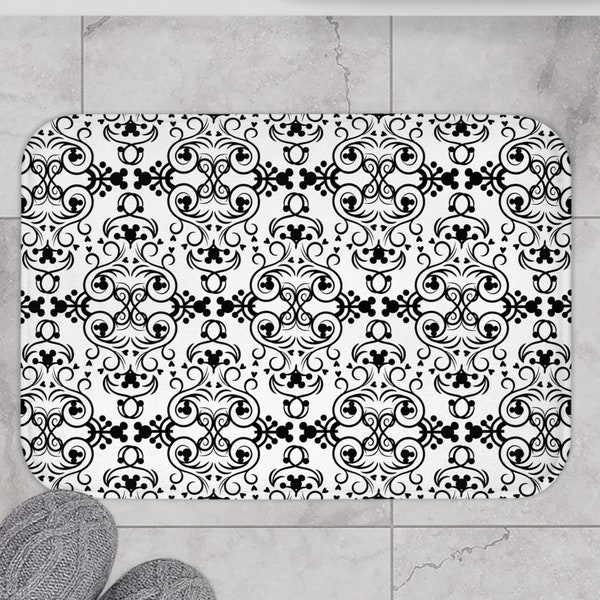 Bath Mat Hidden Mickey White with Black Print / Ornate Mickey Mouse Design / Home Decor / Home Accent