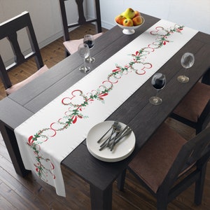 Red, Green Hidden Mickey Holiday Table Runner / Red Mickey, Holly and Bows/ Christmas Decor (Cotton, Poly)