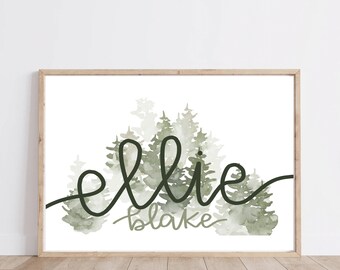 May include: A watercolor print with a green forest scene and the names "ellie blake" written in black cursive.