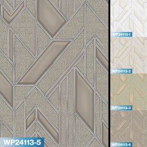 May include: Wallpaper featuring a geometric pattern of intersecting lines and textured diamond shapes. The main view shows model WP24113-5 in a taupe tone, while a sidebar displays color variations labeled WP24113-1, WP24113-2, WP24113-3, and WP24113-4.