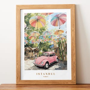 Istanbul Turkey Travel Poster Colorful Umbrella street Wall Art Architecture Print Cultural Landscape Decor Gift