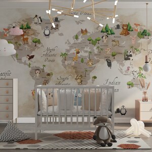Kinder Karte Wallpaper Weltberühmte Symbole Tiere Wandbild Abnehmbare Kinderzimmer Kinderzimmer