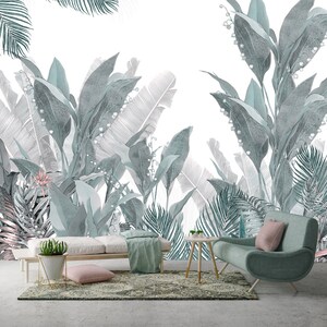 Foglie verdi tropicali / Carta da parati murale / Design speciale / Personalizzabile / Rimovibile / Carta tessile in un unico pezzo