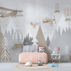 Kids Wallpaper Removable | Kids Animals with Hot Air Balloon Mountains and Planes Wall Mural