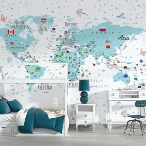 Soft World Map Wandbild, Kinderkarte mit Tierkarte Tapete, Kinderzimmer Wandkunst abnehmbare Tapete Kinderzimmer