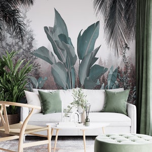 Carta da parati murale tropicale fresca / Alberi con foglie verdi / Design speciale / Personalizzabile / Rimovibile / Carta tessile in un unico pezzo