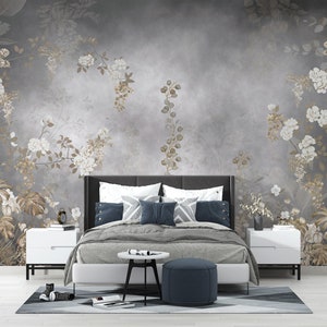 Carta da parati murale con foglie tropicali / Fiori / Design speciale / Sfondo dai colori tenui / Personalizzabile / Rimovibile / Carta tessile in un unico pezzo