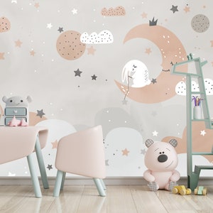 Papier peint pour chambre d'enfant, design spécial, lapin, lune et étoiles