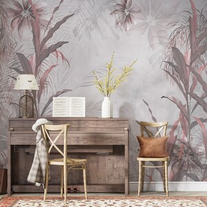 Carta da parati murale tropicale / Foglie rosa / Design speciale / Sfondo morbido / Personalizzabile / Fantastico / Rimovibile / Carta tessile in un unico pezzo